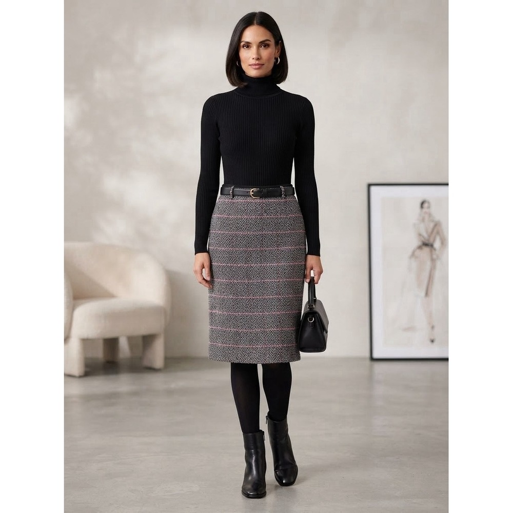 Talbots Pencil Skirt Tweed Black Pink Lined Size 16 Petite USA Made Office Chic